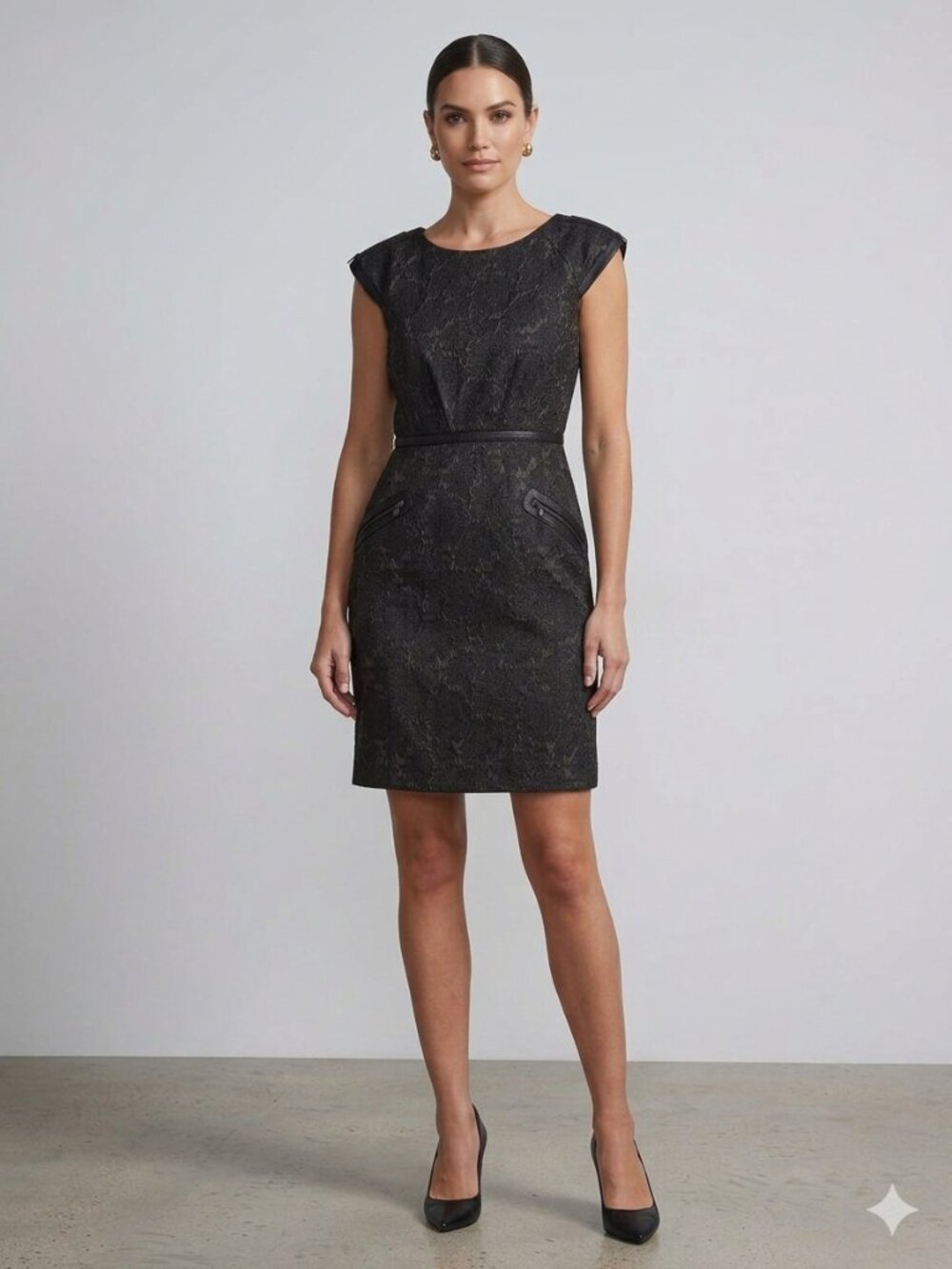 Cynthia Steffe Black Brocade Moto Sheath Dress Size 8 Silk Lining Zipper